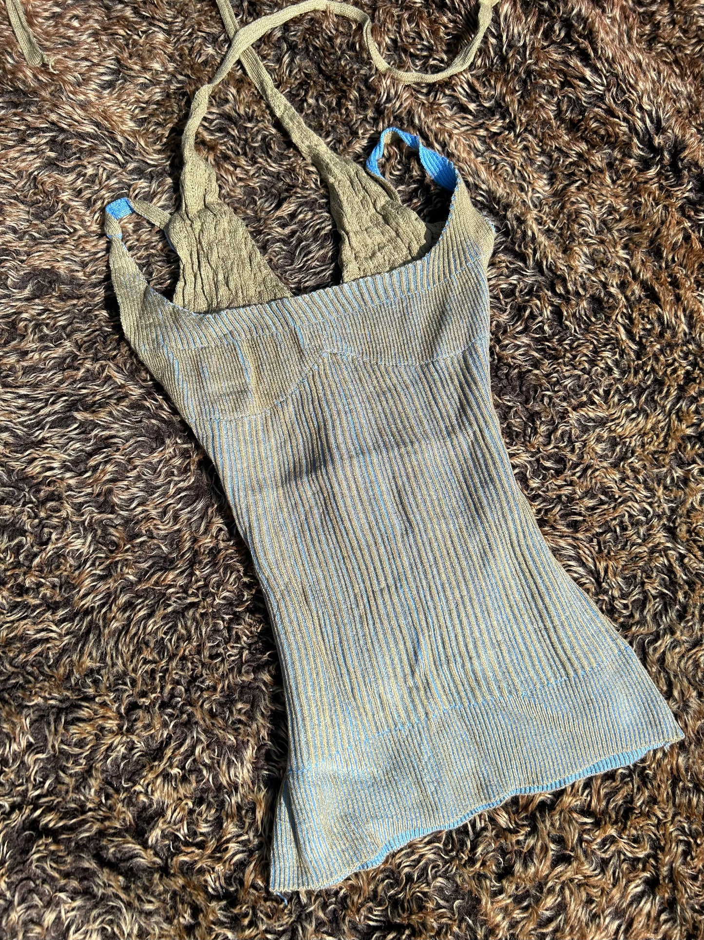 Khaki & Blue Knitted Double Strap Halterneck Top