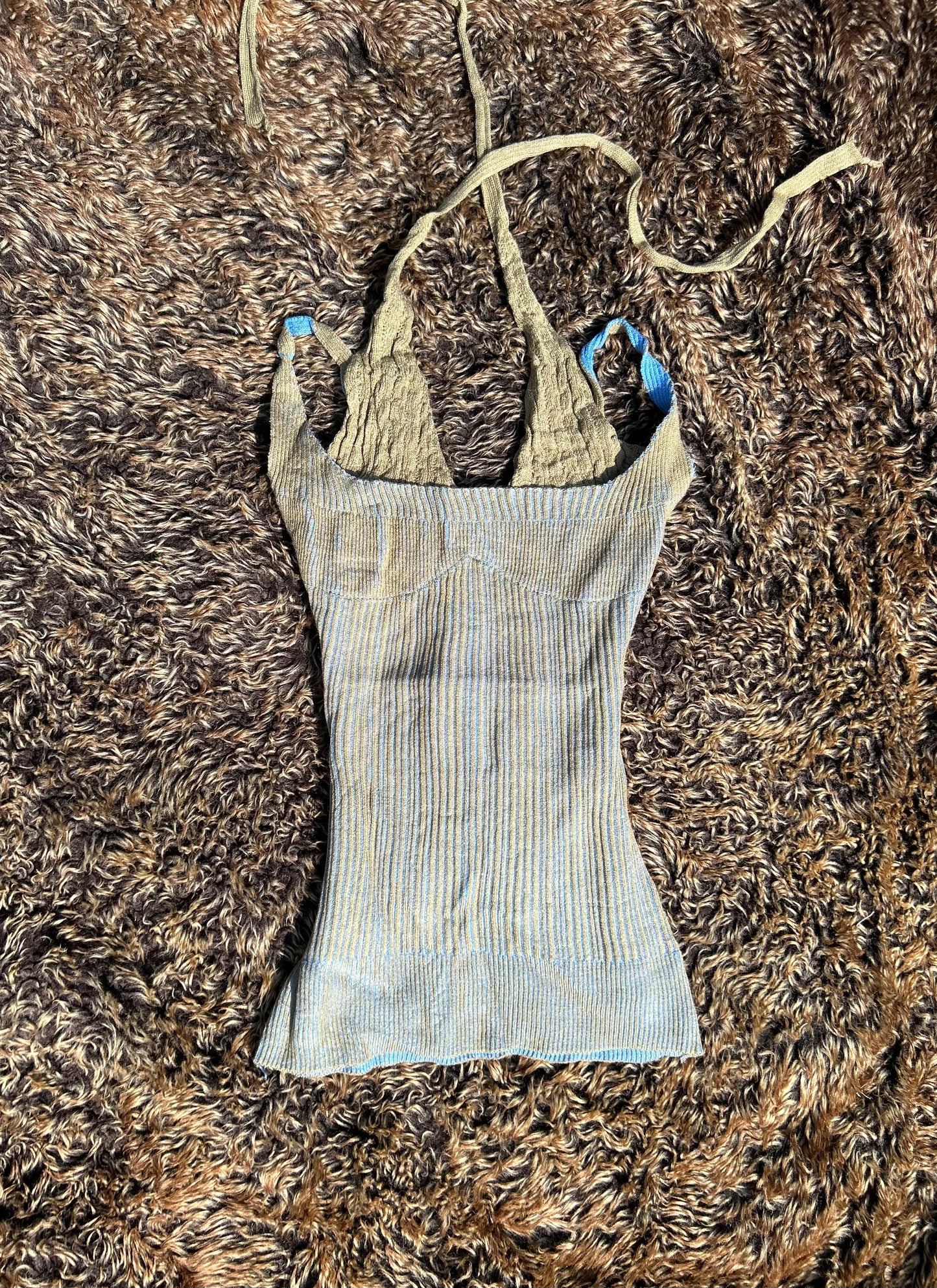 Khaki & Blue Knitted Double Strap Halterneck Top