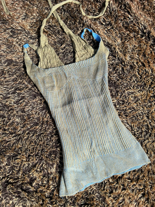 Khaki & Blue Knitted Double Strap Halterneck Top